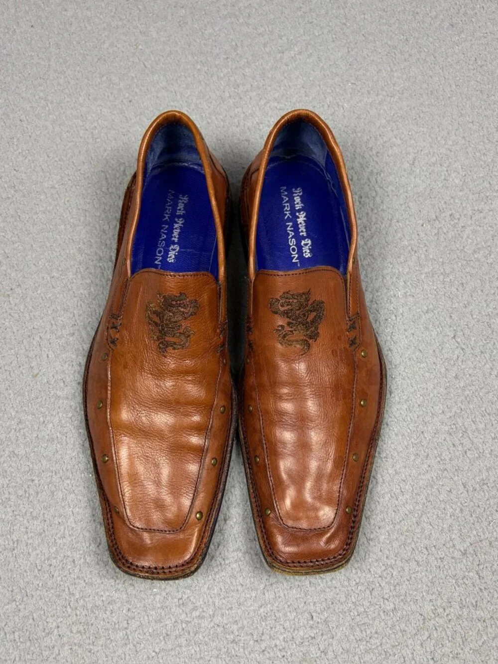 Vtg Mark Nason Shoe 9.5 Brown Made in Italy Dragon Studded Loafer Style 67333